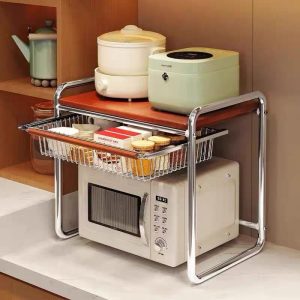 Kitchen Microwave Storage Rack with Drawers – Space-Saving Retro-Style Microwave Shelf